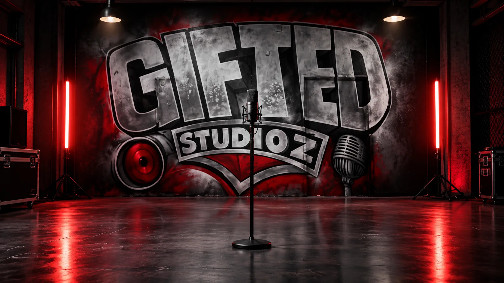 Gifted Studioz production wall prepared for filmed interviews